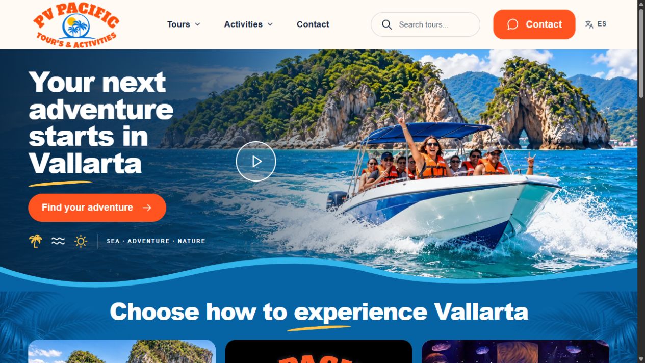 The public PV Pacific website with its tour discovery interface and Puerto Vallarta coastal imagery
