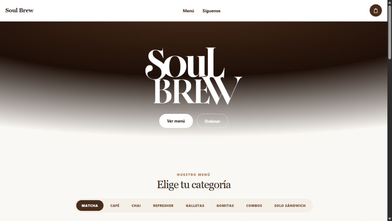 Soul Brew’s public café menu website, with frontend design and development by a collaborator